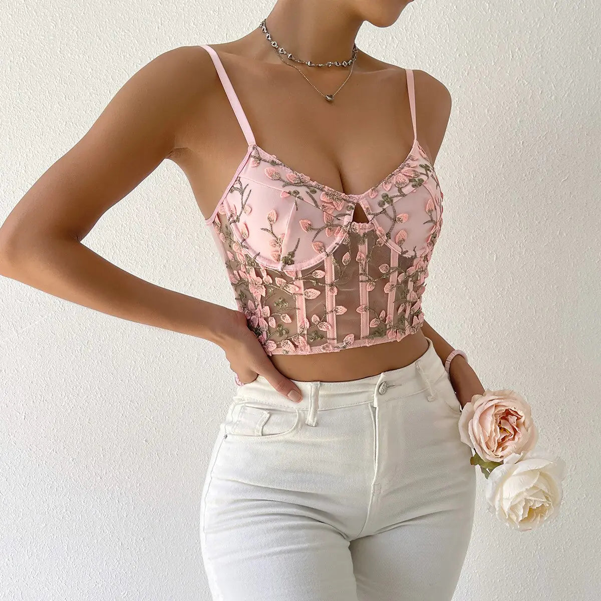 JOY Pink Floral Embroidery Corset Top