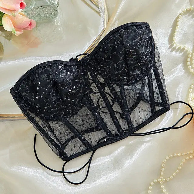 KYLIE Black Mesh Lace Corset Crop Top