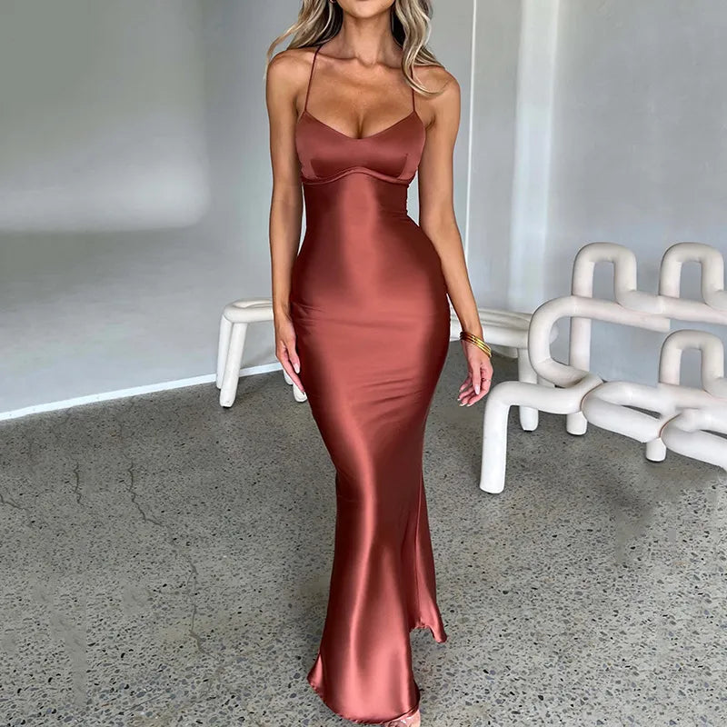 SARA Satin Backless Maxi Dress