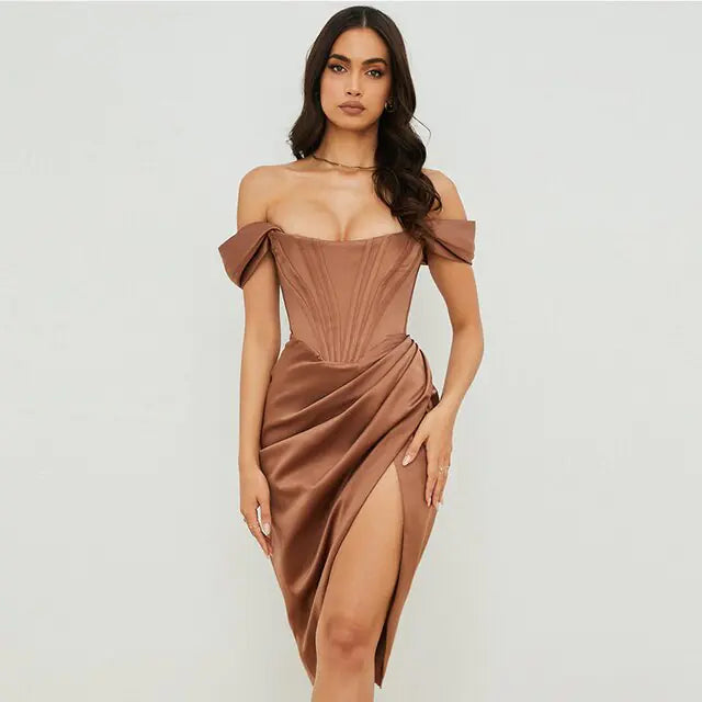 FELICIA Satin Bodycon Corset Midi Dress
