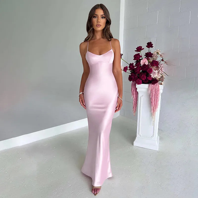 SARA Satin Backless Maxi Dress