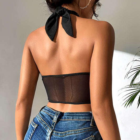 KYLIE Black Mesh Push-Up Corset Crop Top